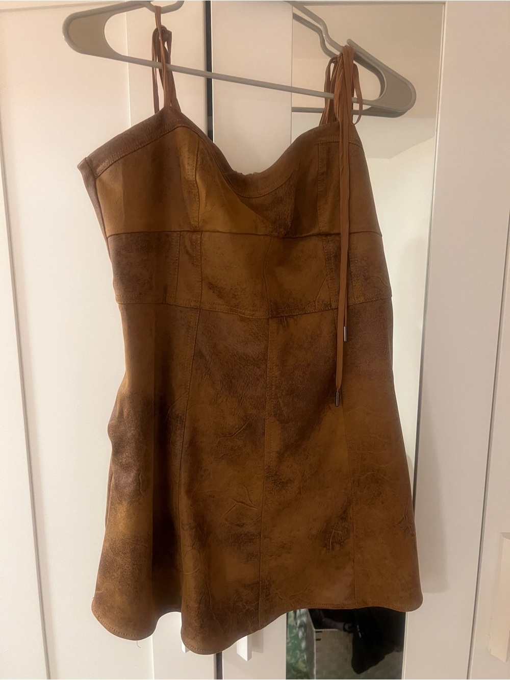 Free People Brown Faux-Suede Mini Slip Dress with Spaghetti Ties - POCKETS